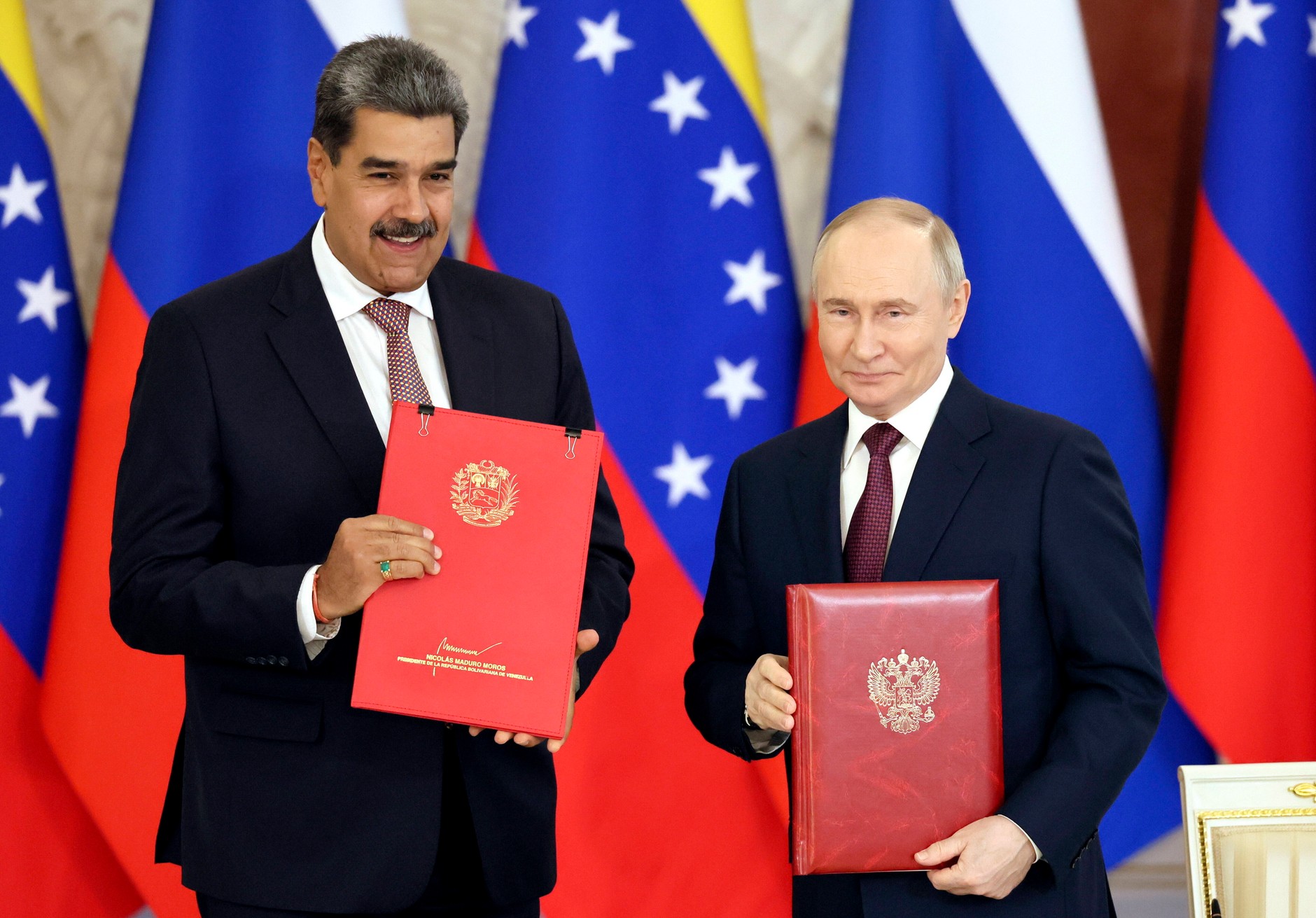 Obalony prezydent Wenezueli Nicolas Maduro oraz prezydent Rosji Władimir Putin podczas spotkania na Kremlu w Moskwie, Rosja, 7 maja 2025 r.