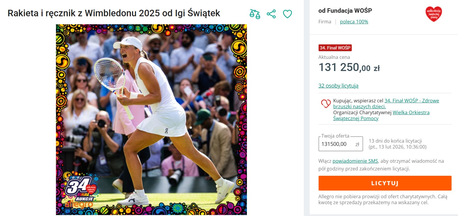 Licytacja przedmiotów, które Iga Świątek przekazała na WOŚP