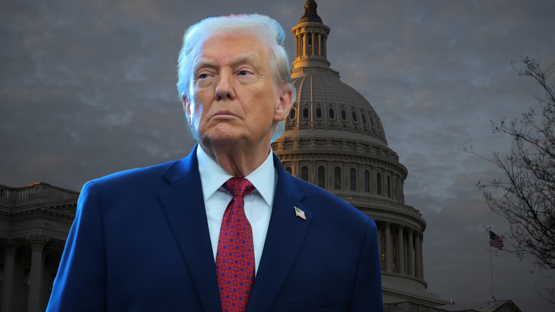 Prezydent USA Donald Trump. W tle budynek Kapitolu, siedziby amerykańskiego Kongresu