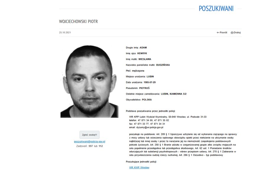 Policja z Dolnego Śląska od 2021 r. poszukuje Piotra Wojciechowskiego