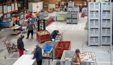 Plakat wskazuje liczbę punktów przysługujących beneficjentom w zależności od składu ich rodziny i gospodarstwa domowego, na paczki produktów skrobiowych i dodatków (ryż, makaron, kuskus), w ramach dystrybucji żywności w ośrodku Restos du Cœur w Valence