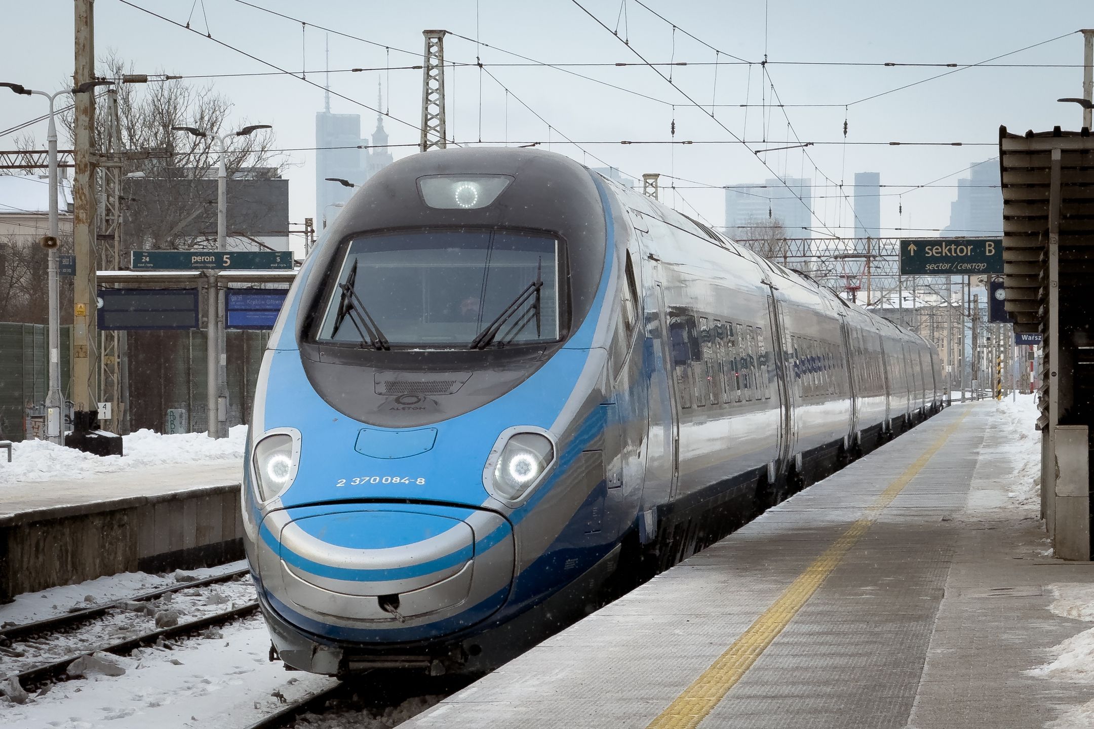 An ED250 Pendolino trainset operates an Express Intercity Premium passenger service for PKP Intercity and arrives at Warsaw East railway station ahead of a scheduled journey toward the Polish seaside, in Warsaw, Poland, on January 10, 2026. (Photo by Mateusz Wlodarczyk/NurPhoto via Getty Images)