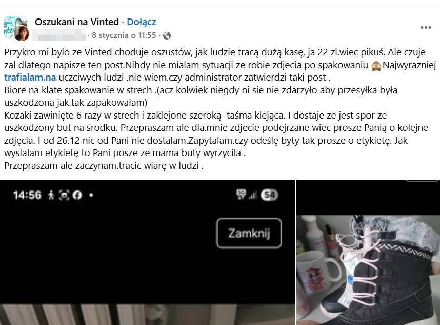 Zrzut ekranu ze wpisu o oszustwie na Vinted za pomocą AI