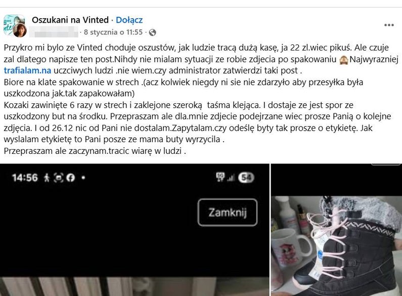Zrzut ekranu ze wpisu o oszustwie na Vinted za pomocą AI