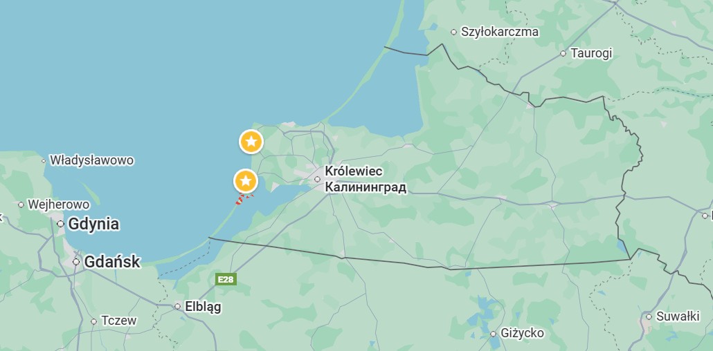 Bałtyjsk i Okunewo na mapie obwodu królewieckiego