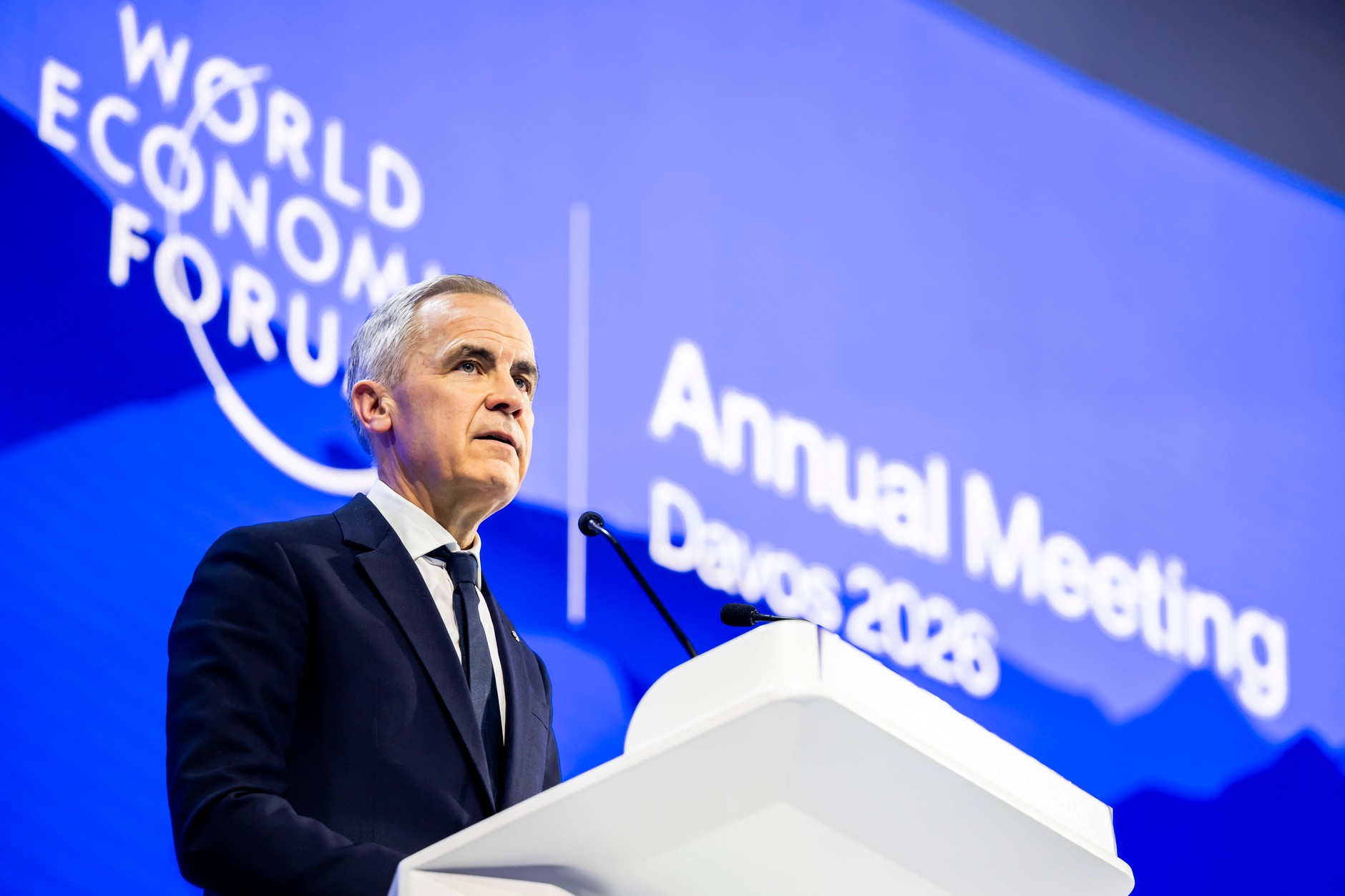 Mark Carney, premier Kanady, podczas Światowego Forum Ekonomicznego w Davos, 20 stycznia 2026 r.