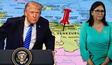 Po lewej prezydent USA Donald Trump w Palm Beach na Florydzie, 28 grudnia 2025 r Po prawej pełniąca obowiązki prezydent Wenezueli Delcy Rodriguez w Caracas, 5 stycznia 2026 r. W tle mapa Ameryki Południowej z uwzględnieniem Wenezueli