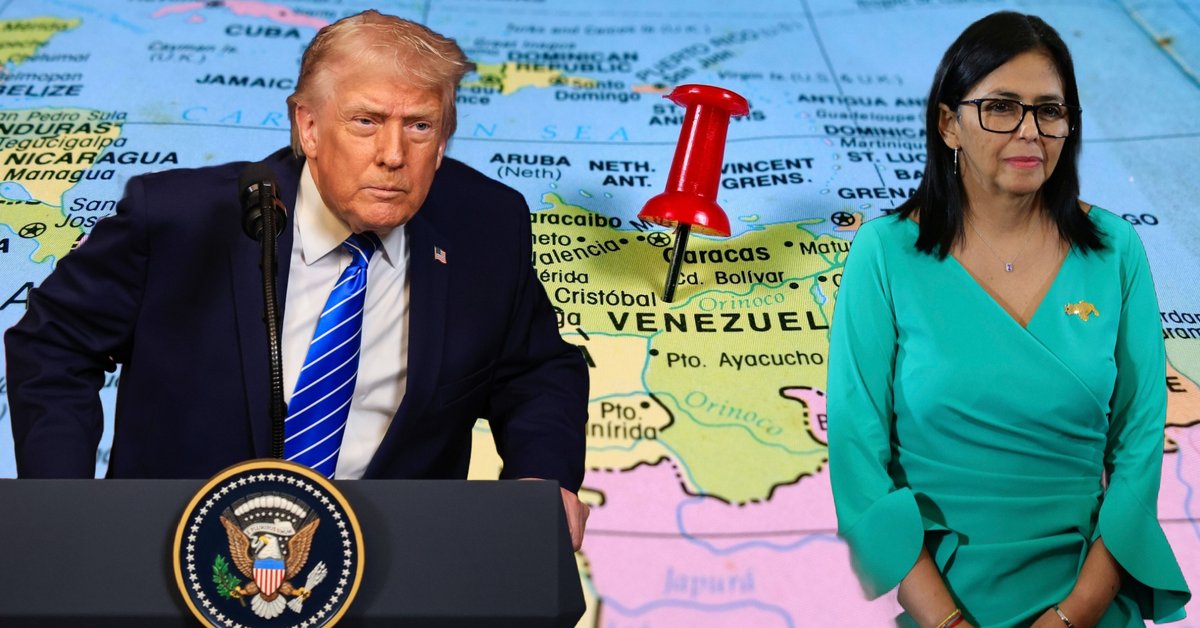 Po lewej prezydent USA Donald Trump w Palm Beach na Florydzie, 28 grudnia 2025 r Po prawej pełniąca obowiązki prezydent Wenezueli Delcy Rodriguez w Caracas, 5 stycznia 2026 r. W tle mapa Ameryki Południowej z uwzględnieniem Wenezueli