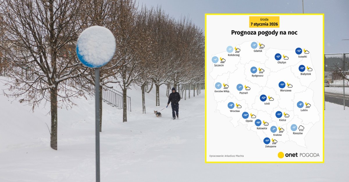 Noc zapowiada się bardzo mroźno, a na południowym wschodzie dodatkowo śnieżnie