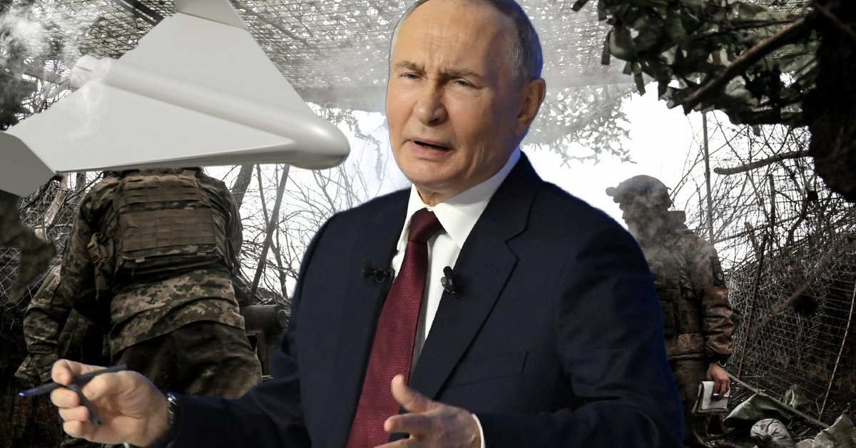 Prezydent Rosji Władimir Putin podczas konferencji prasowej podsumowującej rok, Moskwa, Rosja, 19 grudnia 2025 r. W tle żołnierze Sił Zbrojnych Ukrainy podczas misji bojowej w regionie Dniepropietrowska w Ukrainie, 24 grudnia 2025 r.