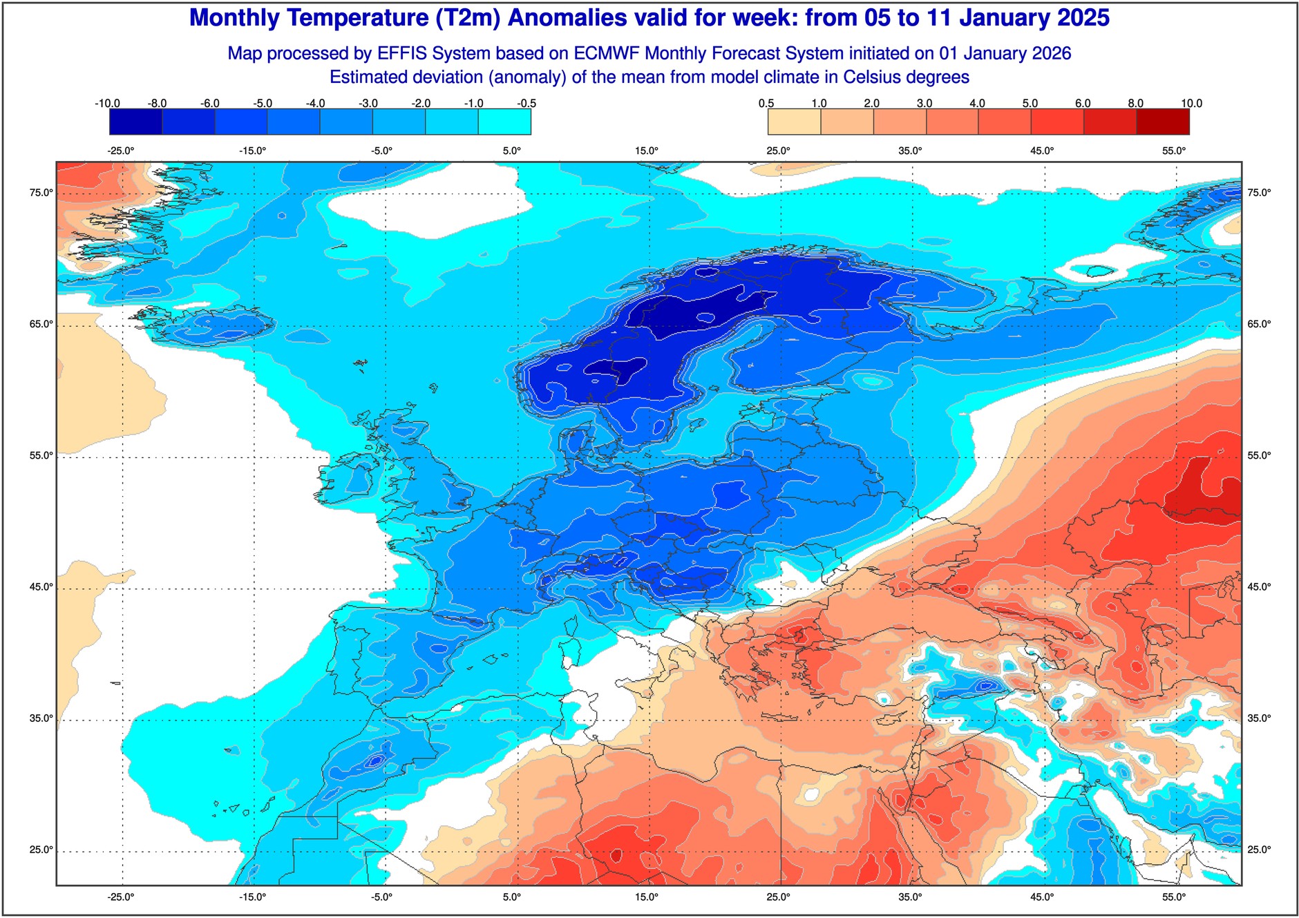 Prognoza odchylenia temperatury od normy w Europie w kolejnym tygodniu
