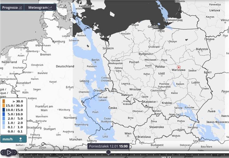 Mapa obrazująca opady śniegu.