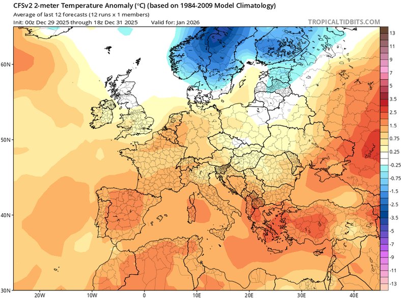 Według prognoz modelu CFS styczeń ma przynieść temperatury w pobliżu normy