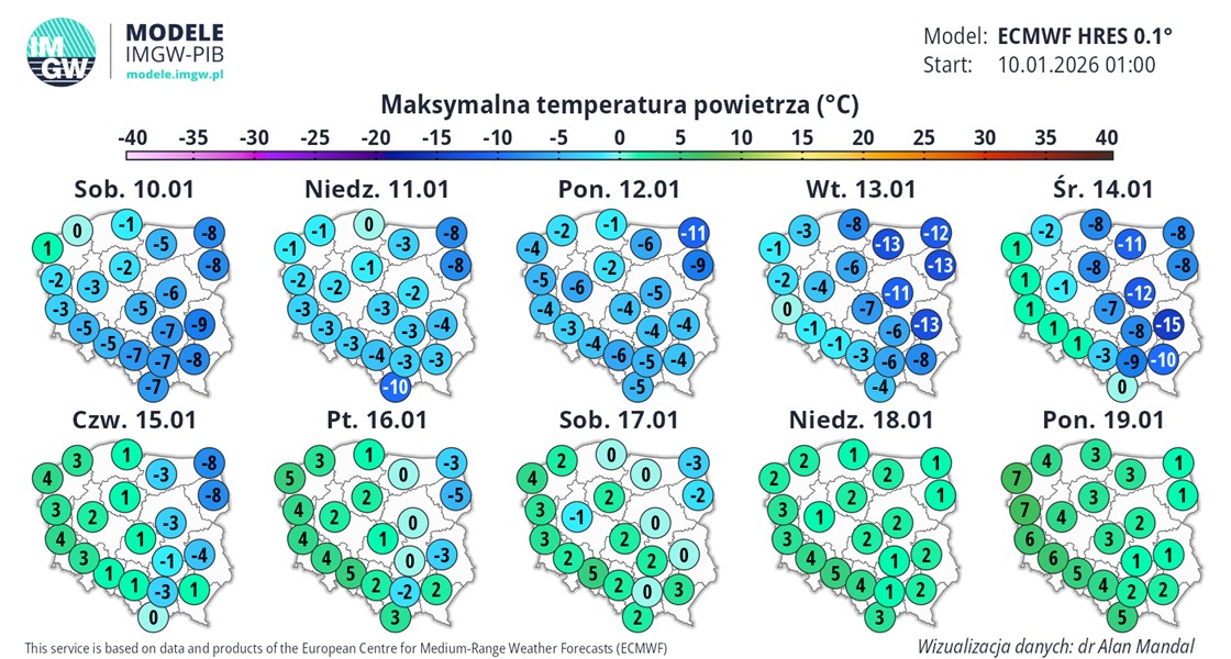 Prognoza temperatury maksymalnej w Polsce w kolejnych dniach