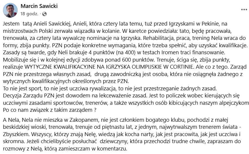 Post na Facebooku ojca Anieli