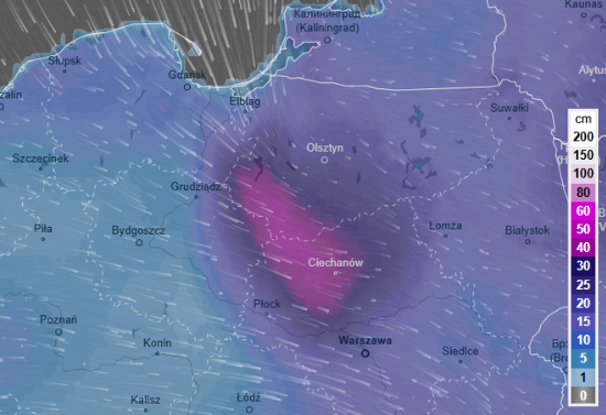 Prognoza grubości pokrywy śnieżnej w niedzielę wieczorem