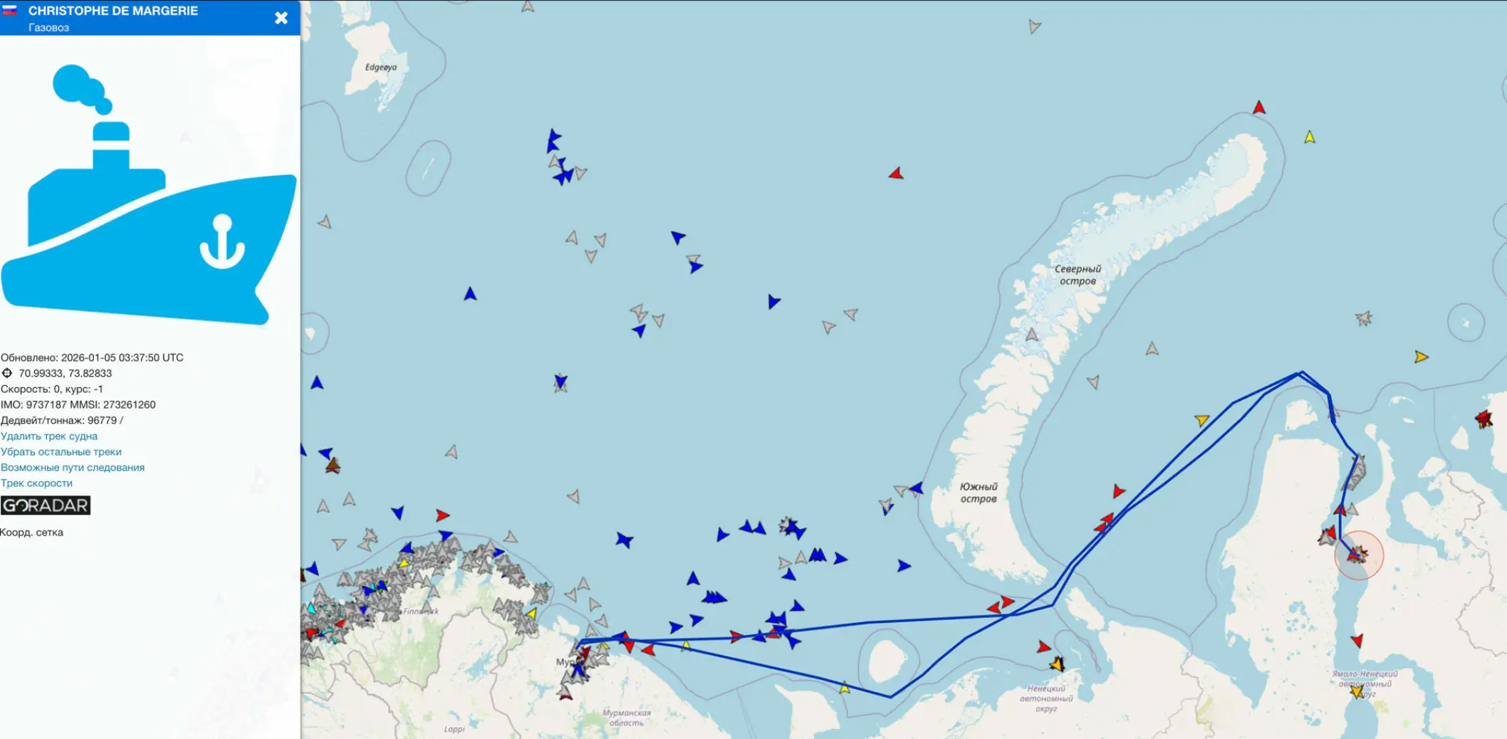 Trasa statku Christophe de Margerie (źródło: goradar.ru)