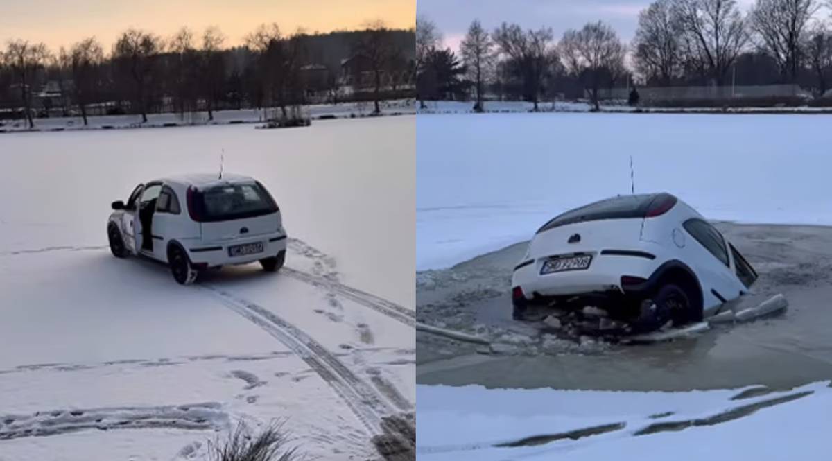 Biały samoch&oacute;d jeżdżący po zamarzniętym zbiorniku wodnym, kt&oacute;ry ostatecznie się załamuje i tonie.