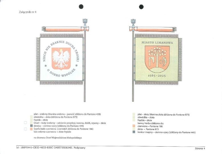 Tak według przyjętej 29 grudnia 2025 r. uchwały miejskiej powinien wyglądać nowy sztandar Limanowej. Obowiązywał on "wirtualnie" tylko 26 dni. "Wirtualnie" bo w tym czasie sztandaru fizycznie nie uszyto