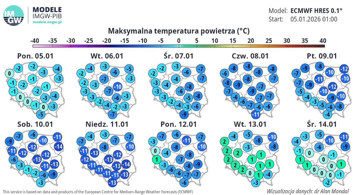 Prognozowane przez IMGW temperatury na najbliższe dni