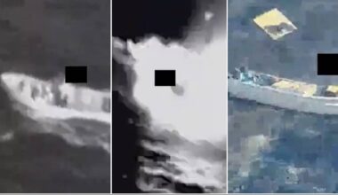 Trzy obrazy satelitarne przedstawiające statki na wodzie, jeden z widocznymi konturami, drugi z efektem wybuchu lub dymu, a trzeci z dużym statkiem towarowym.