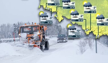 Pojazd odśnieżający na drodze w zimowej scenerii, z widoczną mapą Polski z prognozowanymi temperaturami i ikonami pogody.