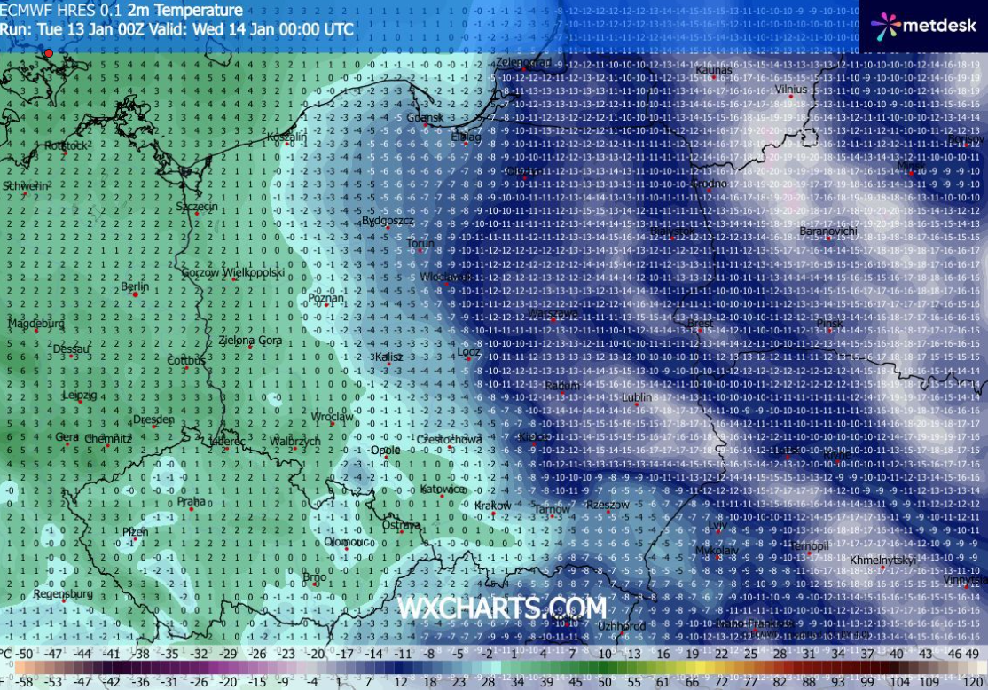 Mapa prognozowanych temperatur na noc z wtorku na środę (13-14 stycznia)
