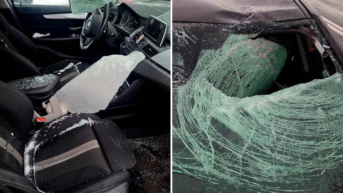 Fragment wnętrza BMW z lodem na siedzeniu, obok rozbita przednia szyba samochodu z kawałkami lodu.