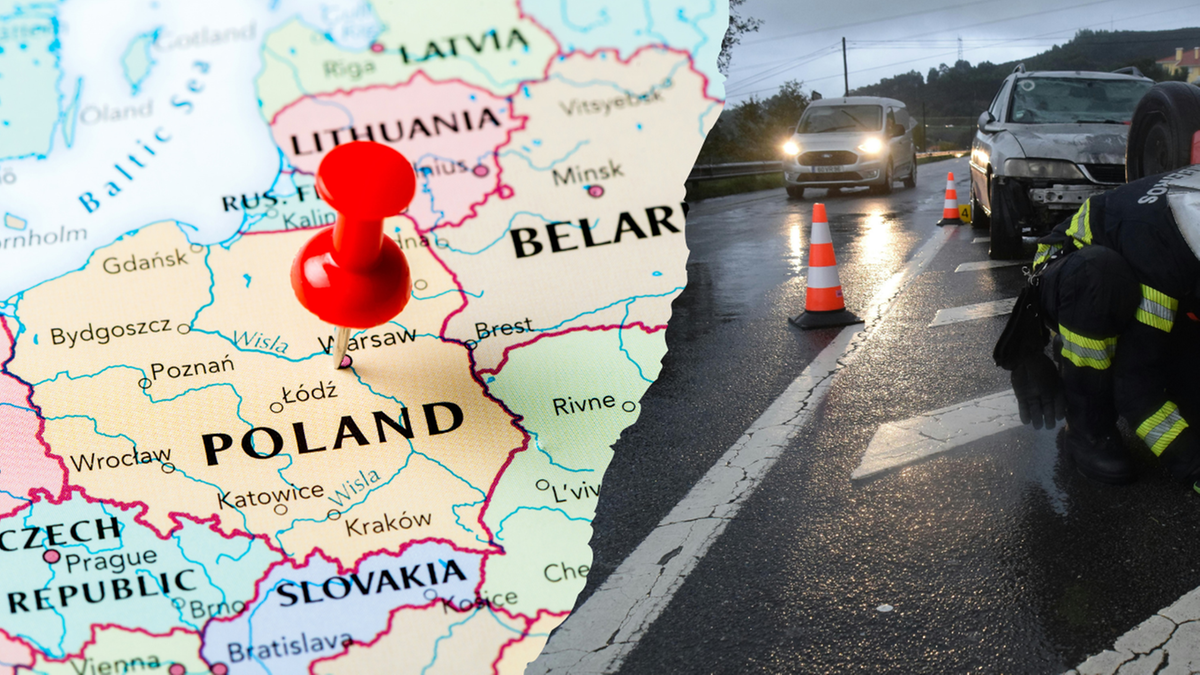 Mapa Polski z zaznaczoną lokalizacją Warszawy połączona z widokiem miejsca wypadku drogowego z udziałem służb ratowniczych.