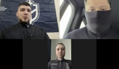 Kadr z wideo opublikowanego przez wywiad wojskowy Ukrainy. U góry po lewej Denis Kapustin, u dołu szef wywiadu wojskowego Ukrainy Kyryło Budanow