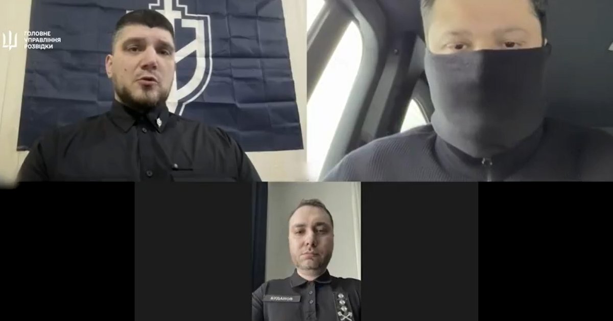 Kadr z wideo opublikowanego przez wywiad wojskowy Ukrainy. U góry po lewej Denis Kapustin, u dołu szef wywiadu wojskowego Ukrainy Kyryło Budanow