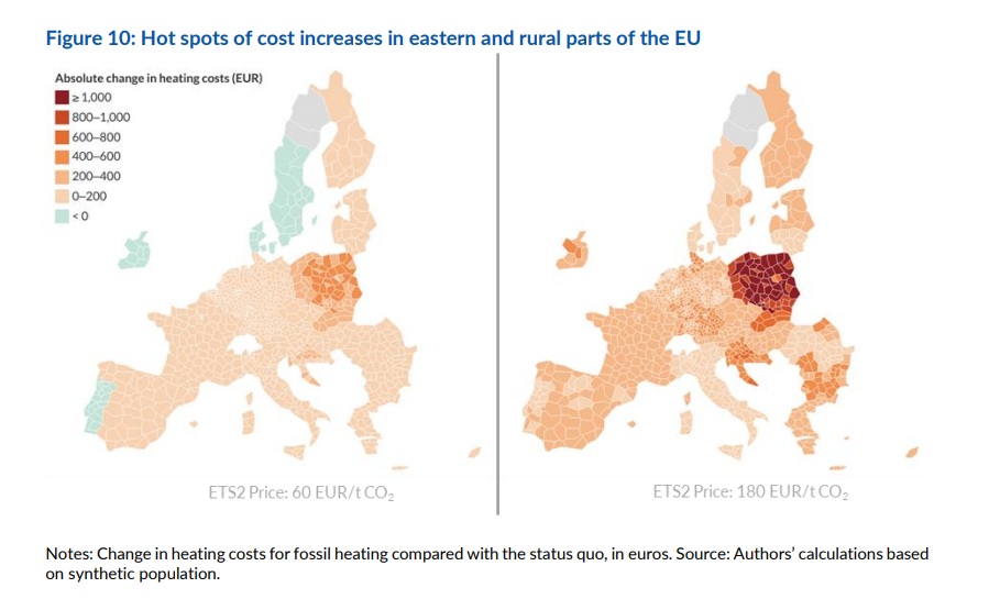 Mapa pokazująca wzrosty kosztów ogrzewania w Europie wskutek wprowadzenia systemu ETS2