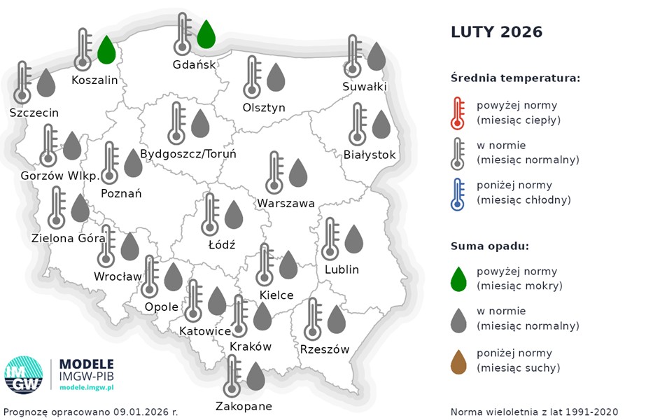 Luty w większości Polski przyniesie umiarkowane temperatury i opady