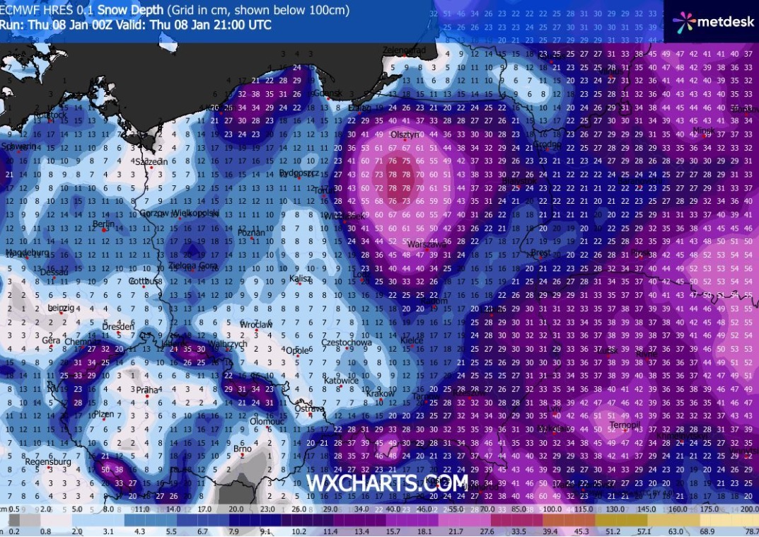 Prognoza grubości pokrywy śnieżnej w czwartek o godz. 21 (Źródło: ECMWF)