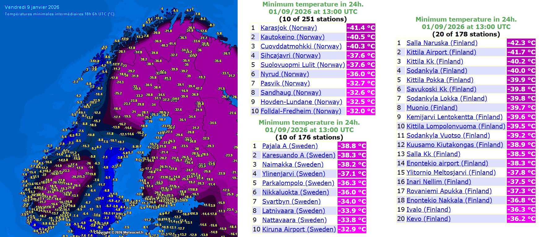 Laponię nawiedziły silne mrozy (źródło: severe-weather.eu)