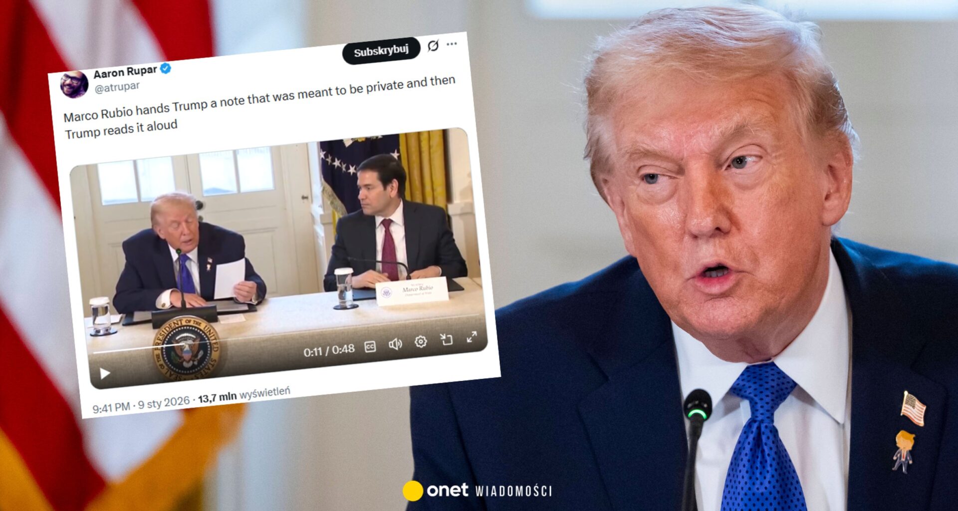 Donald Trump dostał prywatną notatkę. Zaczął czytać ją na głos przed kamerami