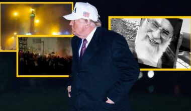 Na zdjęciu głównym prezydent Stanów Zjednoczonych Donald Trump. W ramkach zrzuty ekranu z wideo udostępnionego przez Partię Republikańską przedstawiające protesty w Iranie oraz duchowego przywódcę Iranu  Aliego Chameneiego