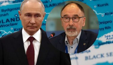 Władimir Putin oraz były dowódca fińskiego wywiadu Pekka Toveri, w tle mapa Europy