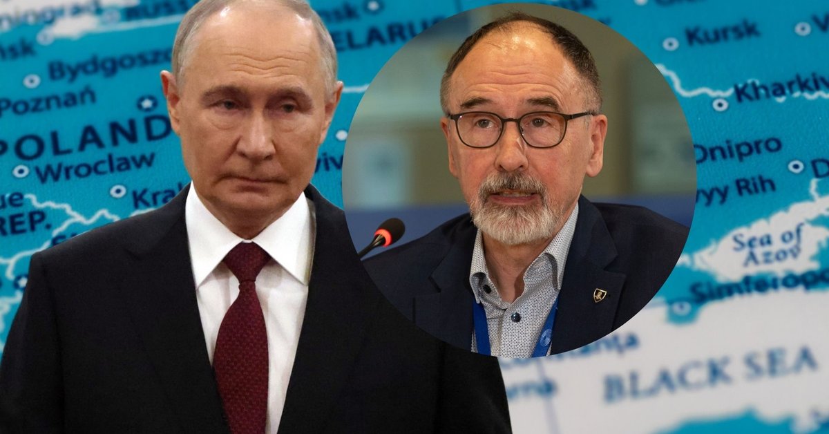 Władimir Putin oraz były dowódca fińskiego wywiadu Pekka Toveri, w tle mapa Europy