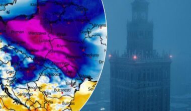Mapa synoptyczna pokazująca obszary niskiego ciśnienia i prognozowane temperatury w Europie, obok zdjęcie Pałacu Kultury i Nauki w Warszawie podczas mglistej, zimowej nocy.