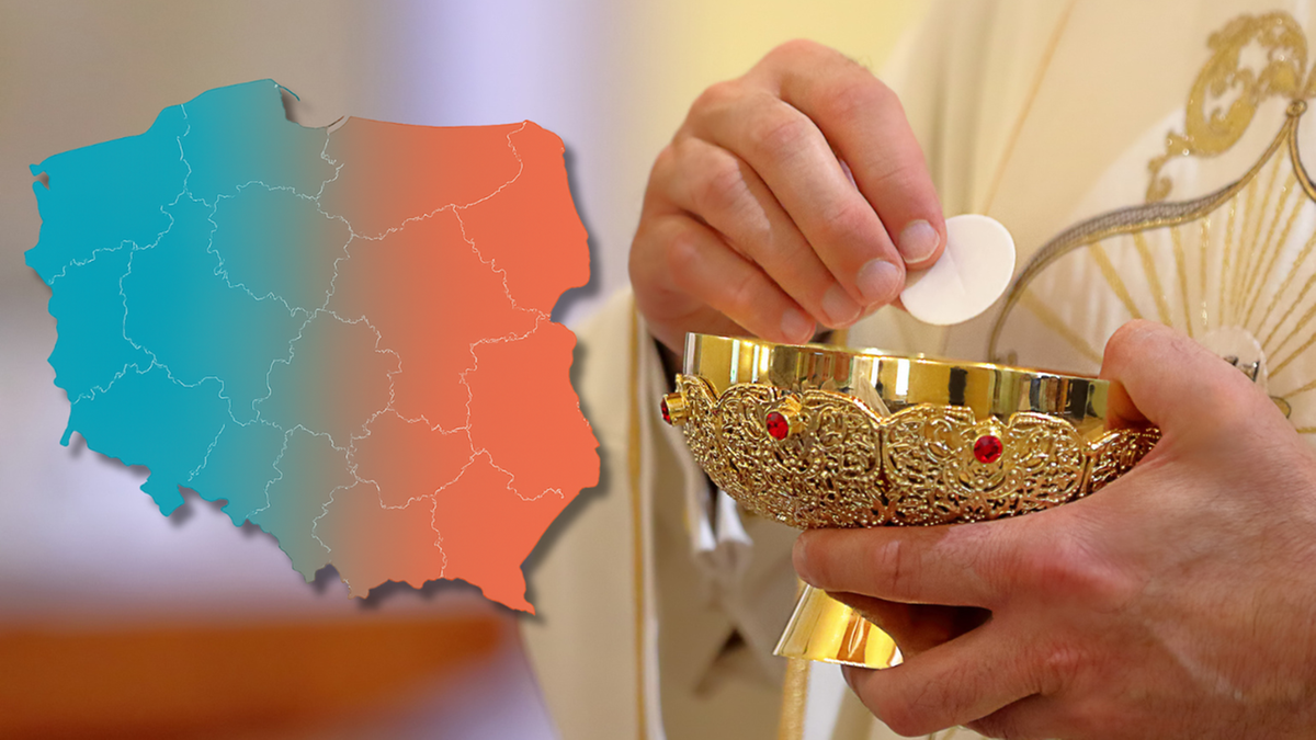 Mapa Polski z zaznaczonymi regionami o r&oacute;żnym stopniu religijności, obok zbliżenie na dłoń księdza podającą komunię.