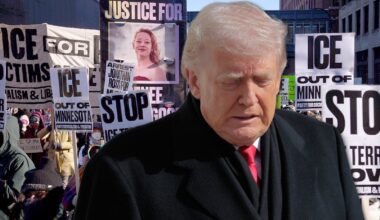 Donald Trump, w tle protesty w Minneapolis, 23 stycznia 2026 r.