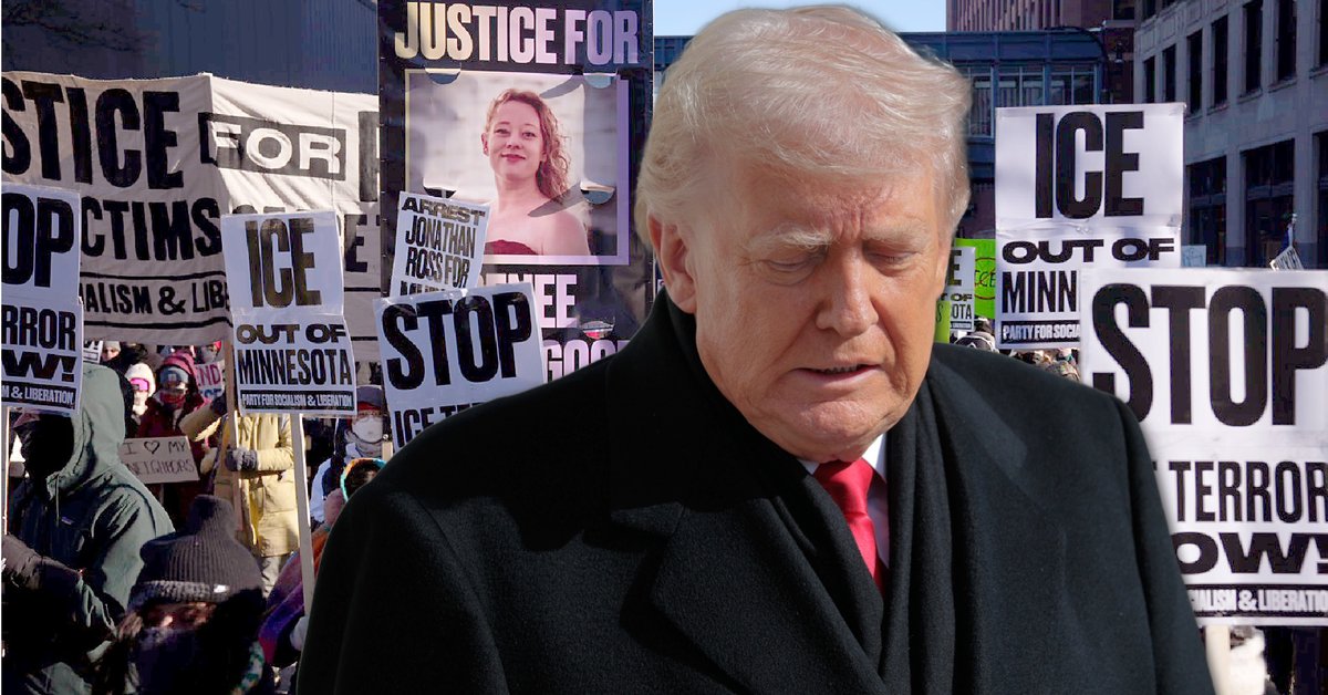 Donald Trump, w tle protesty w Minneapolis, 23 stycznia 2026 r.