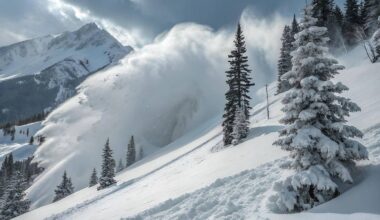 Lawina śnieżna schodząca po g&oacute;rskim zboczu wśr&oacute;d drzew, z g&oacute;rami w tle.