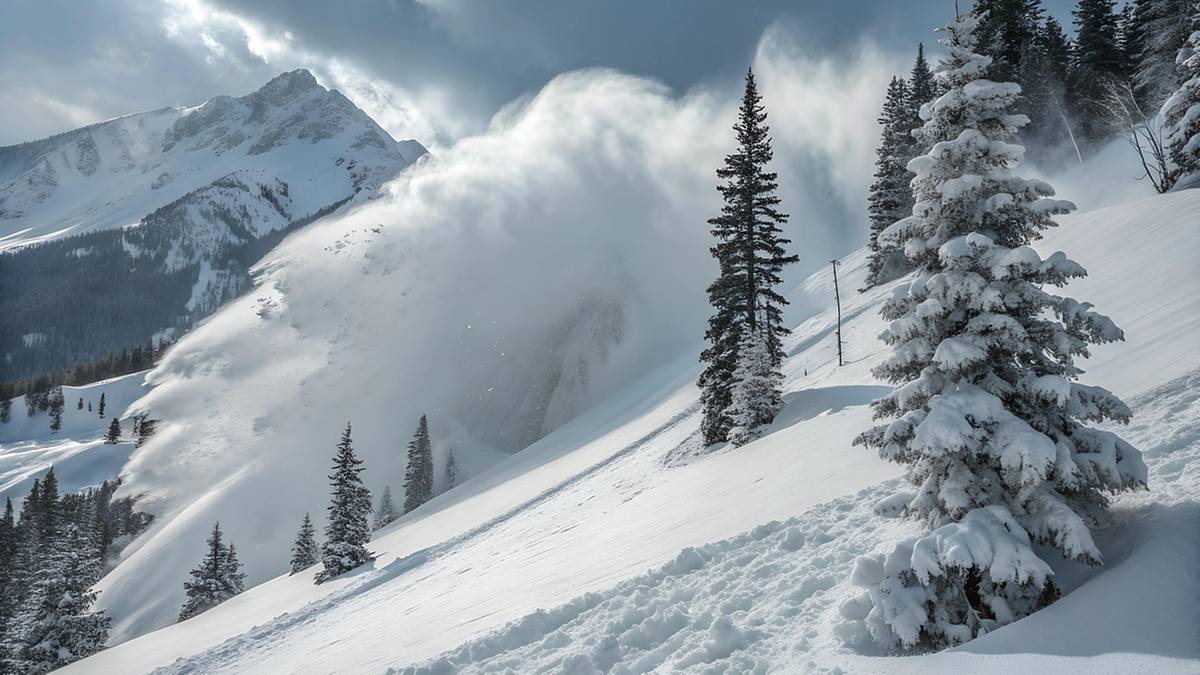 Lawina śnieżna schodząca po g&oacute;rskim zboczu wśr&oacute;d drzew, z g&oacute;rami w tle.