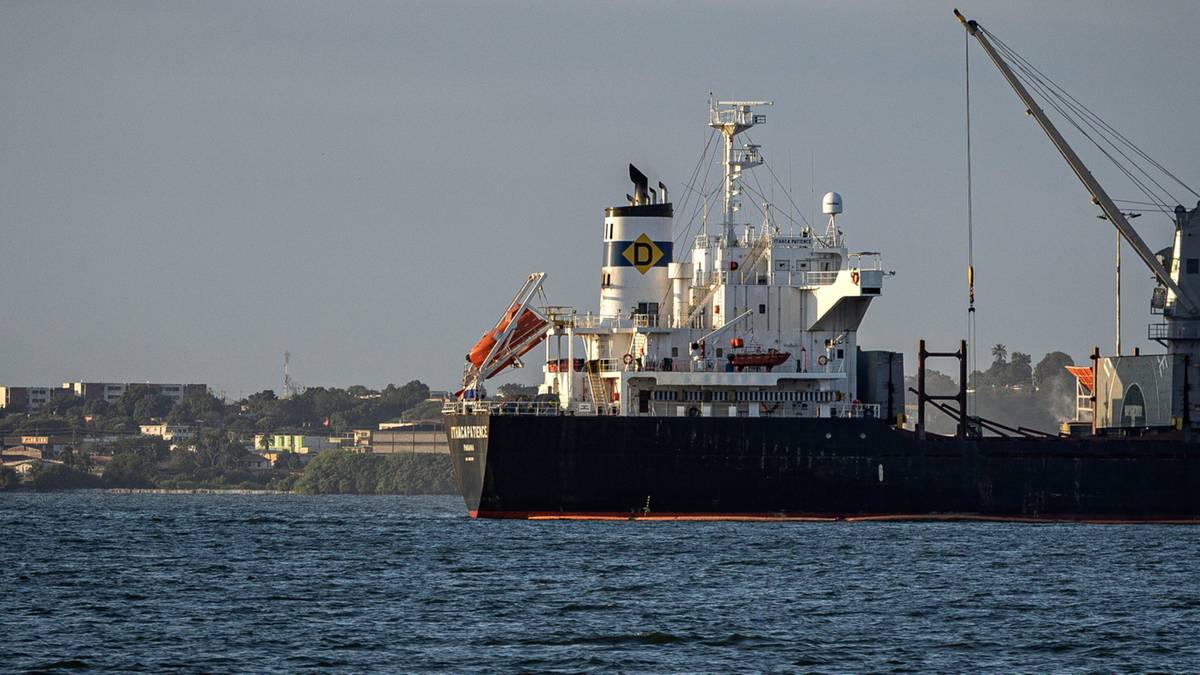 Fragment białego statku towarowego z dźwigiem pokładowym na tle wody i lądu na horyzoncie.