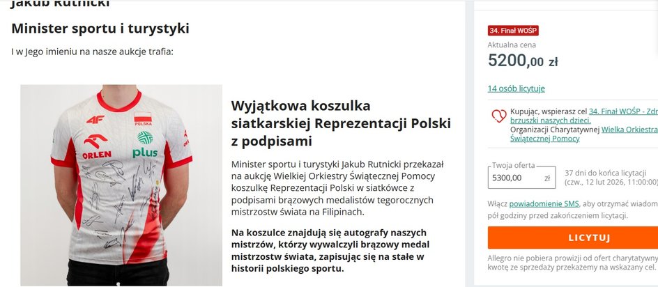 Koszulka przekazana na rzecz aukcji WOŚP przez Jakuba Rutnickiego