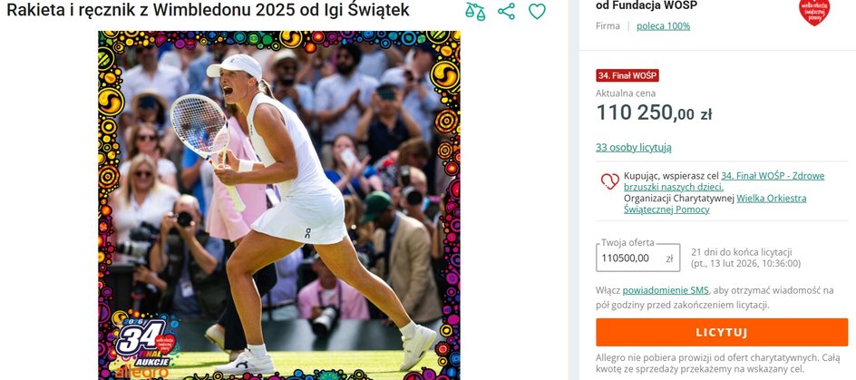 Licytacja dotycząca przedmiotów oddanych przez Igę Świątek