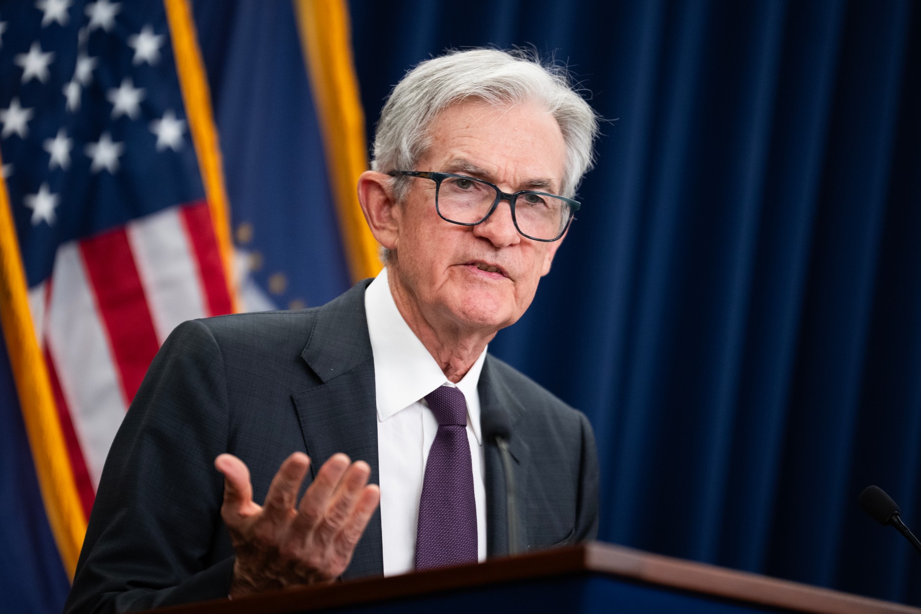 Prezes Rezerwy Federalnej Jerome Powell podczas konferencji prasowej, Waszyngton, 30 lipca 2025 r.