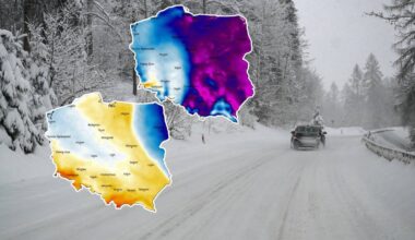 Mapa Polski z zaznaczonym rozkładem temperatur, nałożona na zdjęcie zimowej drogi.